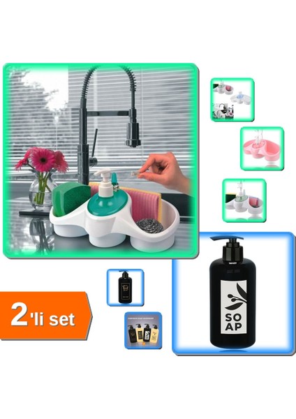 Sünger Hazneli Sıvı Sabunluk Deterjanlık + Sıvı Sabunluk Yuvarlak Pompalı 500 ml Siyah - 2li Set G2R