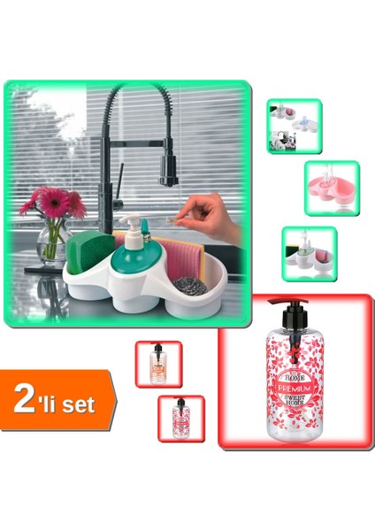 Sünger Hazneli Sıvı Sabunluk Deterjanlık + Şeffaf Sıvı Sabunluk Yuvarlak Pompalı 500 ml - 2li Set G7