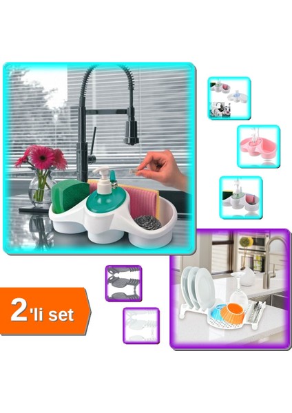 Sünger Hazneli Sıvı Sabunluk Deterjanlık + Multi Bulaşıklık Tabaklık Kurutmalık - 2li Set T7T9X4