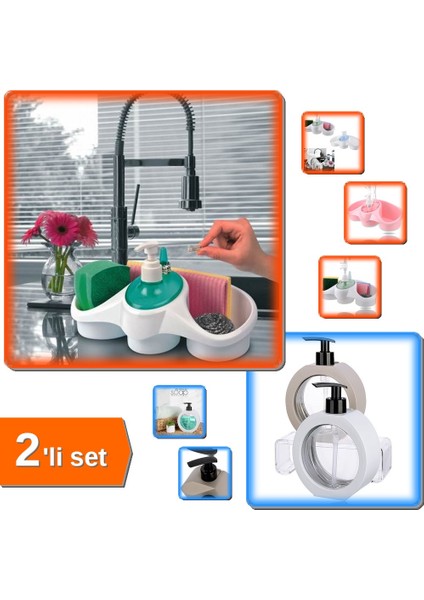 Sünger Hazneli Sıvı Sabunluk + 350 ml Tezgah Üstü Oval Bulaşık Deterjanlık - 2li Set Q4G2B8