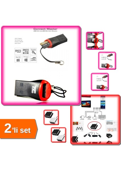 Micro Sd Kart Okuyucu + USB To Type C Dönüştürücü - Klavye Mouse Joystick Bağlama - 2li Set T6D9D7