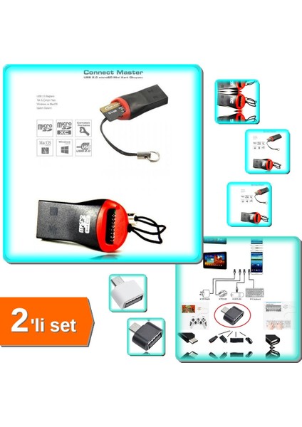 Micro Sd Kart Okuyucu + USB To Micro USB Dönüştürücü - Klavye Mouse Joystick - 2li Set F7U2M9