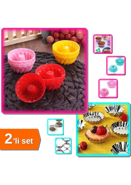 6 Adet Silikon Muffin Kek Kalıbı + 6 Adet Paslanmaz Çelik Metal Kek Kalıbı - 2li Set J0Y0F6
