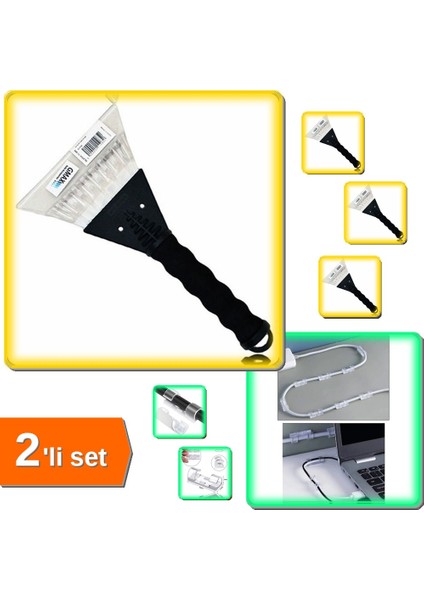 Oto Cam Buz Kazıyıcı Saplı + Kablo Sabitleyici Yapışkanlı Tutucu Klipsler 20 Adet - 2li Set U8K8W1