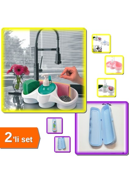 Sünger Hazneli Sıvı Sabunluk Deterjanlık + Mavi Kapaklı Kalemlik Diş Fırçası Kutusu - 2li Set X9U8Q2