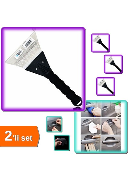 Oto Cam Buz Kazıyıcı Saplı + Araba Kapı Kolu Şeffaf Koruyucu Film ve Mendil 9 Parça - 2li Set A4H2R3