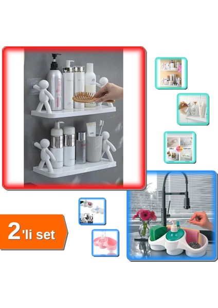 2 Adet Kendinden Yapışkanlı Baharatlık Rafı + Sünger Hazneli Sıvı Sabunluk - 2li Set B1Z1S4