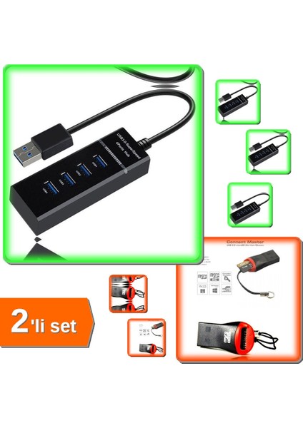 4 Girişli USB Çoğaltıcı 3.0 4 Port + Hızlı Micro Sd Kart Okuyucu - 2li Set M1C4S3