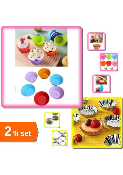 6 Adet Yıkanabilir Mini Tırtıklı Muffin + 6 Adet Paslanmaz Çelik Metal Kek Kalıbı - 2li Set N3S8A7