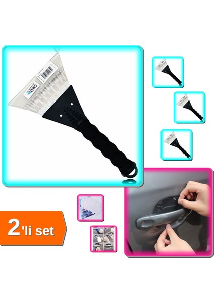 Oto Cam Buz Kazıyıcı Saplı + 8 Adet Araba Kapı Kolu Şeffaf Sticker Film Koruma - 2li Set J8D6U0