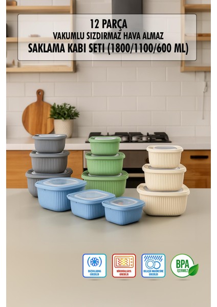 Kare 12 Parça Vakumlu Sızdırmaz Hava Almaz Saklama Kabı Seti Karışık 4X(1800/1100/600 Ml)