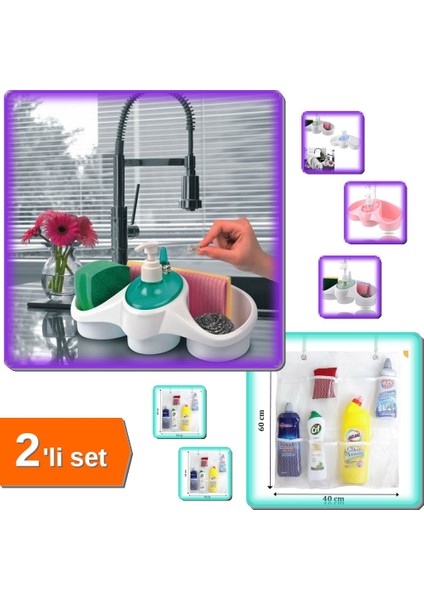 Sünger Hazneli Sıvı Sabunluk Deterjanlık + 8 Cepli Askılı File Mutfak Banyo Organizer - 2li Set K3C2
