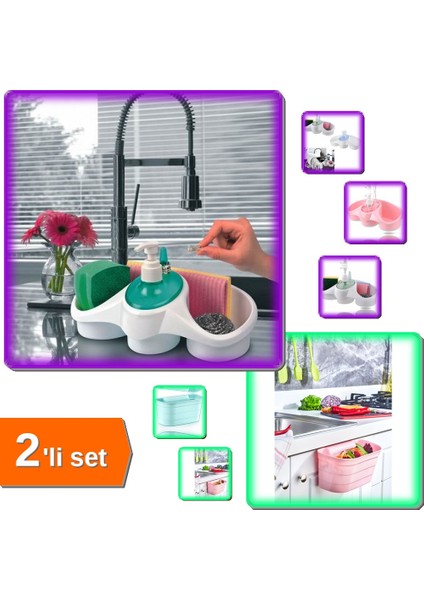 Sünger Hazneli Sıvı Sabunluk Deterjanlık + Tezgah Çöp Kutusu - Dolap Kapağı Organizeri - 2li Set Y2H4U3