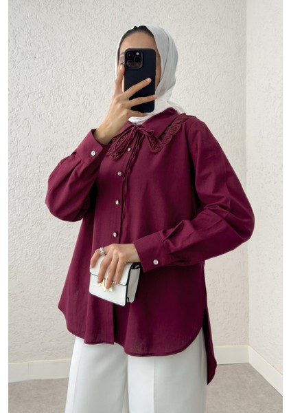 Kadın Dantel Yaka Bordo Gömlek Tesettür