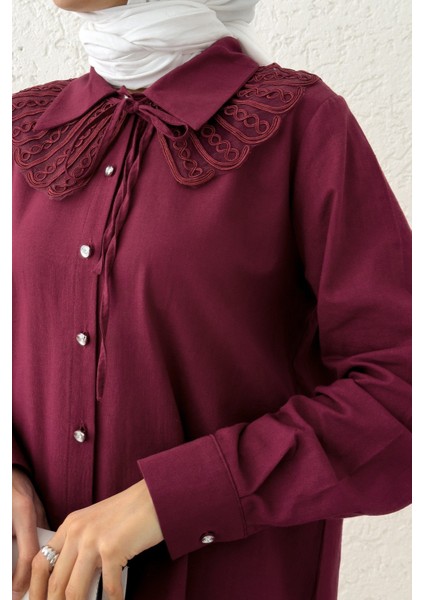 Kadın Dantel Yaka Bordo Gömlek Tesettür fiyatları