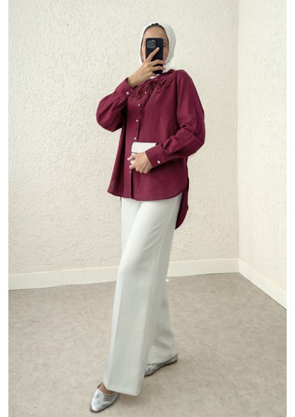 Kadın Dantel Yaka Bordo Gömlek Tesettür fırsatları