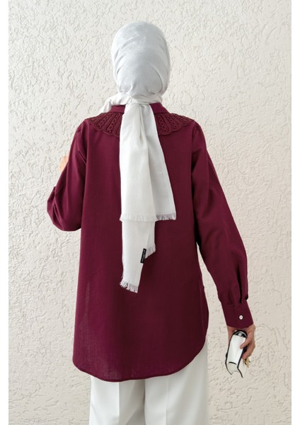 Kadın Dantel Yaka Bordo Gömlek Tesettür indirimleri