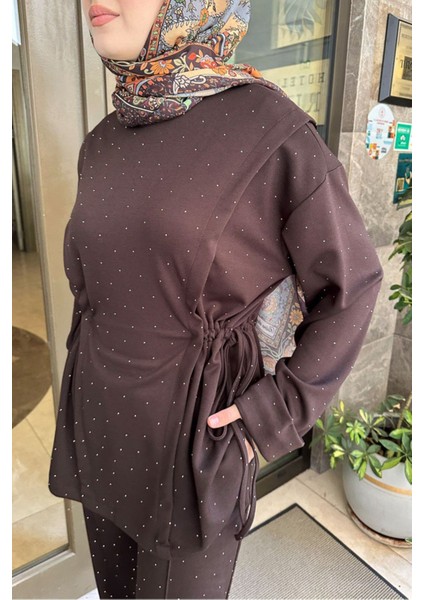 Kadın Taşlı Tünel Detaylı Takım 41448 - Kahverengi