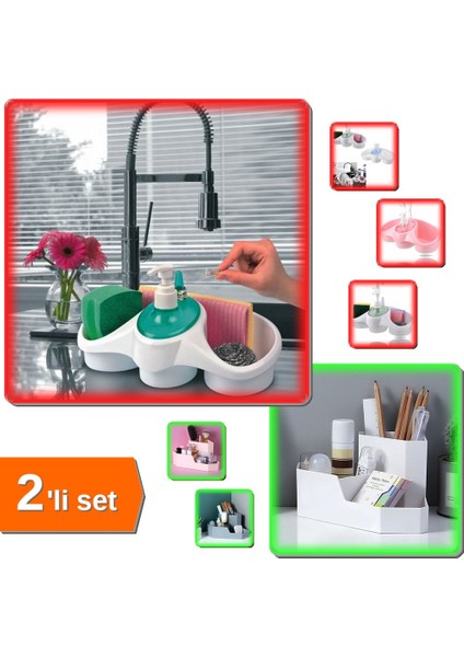 Sünger Hazneli Sıvı Sabunluk Deterjanlık + Çok Amaçlı Köşe Masaüstü Düzenleyici - 2li Set Y5T7E3