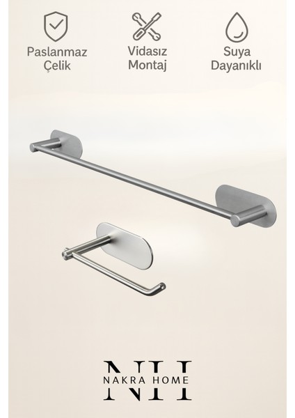 2'li Paslanmaz Çelik Yapışkanlı Havlu Askılığı ve Tuvalet Kağıtlığı | Delmeden Montaj Neme Dayanıklı