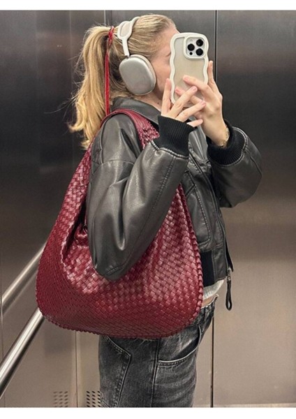 Bordo Kadın Örgü Detay Büyük Boy Omuz ve Tote Çanta Günlük Geniş Hacimli fiyatları