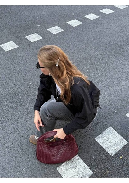 Bordo Kadın Örgü Detay Büyük Boy Omuz ve Tote Çanta Günlük Geniş Hacimli modelleri