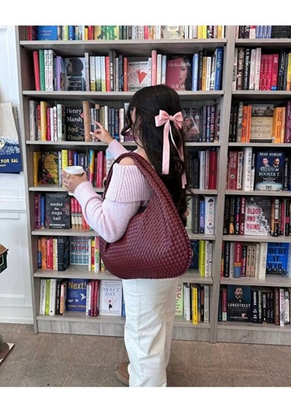 Bordo Kadın Örgü Detay Büyük Boy Omuz ve Tote Çanta Günlük Geniş Hacimli fırsatları