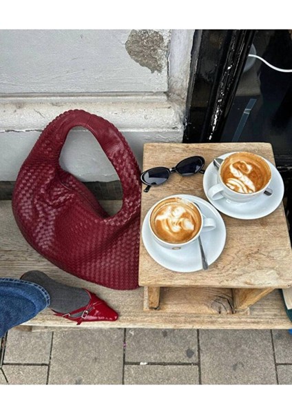 Bordo Kadın Örgü Detay Büyük Boy Omuz ve Tote Çanta Günlük Geniş Hacimli indirimleri