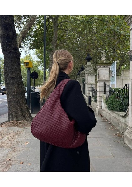 Bordo Kadın Örgü Detay Büyük Boy Omuz ve Tote Çanta Günlük Geniş Hacimli