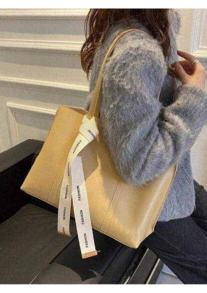 Moj Fiyonk Detaylı Hafif Büyük Boy Kadın El ve Omuz Çantası Vizon