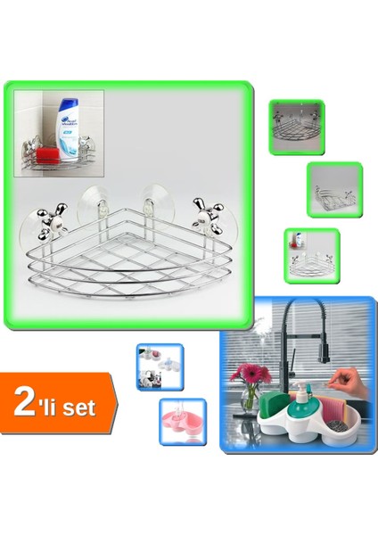 Vantuzlu Köşe Banyo Organizeri + Sünger Hazneli Sıvı Sabunluk Deterjanlık - 2li Set Q7E2J3
