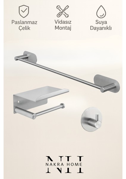 3'lü Paslanmaz Çelik Yapışkanlı Havlu Askılığı ve Tuvalet Kağıtlığı | Delmeden Montaj Neme Dayanıklı