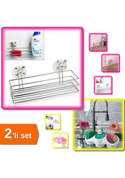 Banyo Dörtgen Organizeri Vantuzlu + Sünger Hazneli Sıvı Sabunluk Deterjanlık - 2li Set X5R1D1