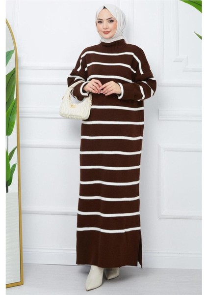 Kadın Tesettür Balıkçı Yaka Çizgili Triko Elbise Kahverengi fiyatları