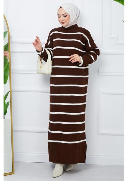 Kadın Tesettür Balıkçı Yaka Çizgili Triko Elbise Kahverengi modelleri