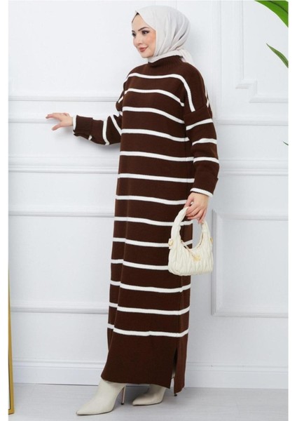Kadın Tesettür Balıkçı Yaka Çizgili Triko Elbise Kahverengi fırsatları