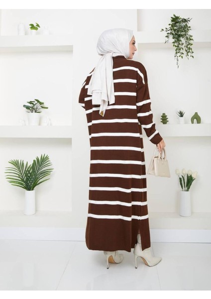 Kadın Tesettür Balıkçı Yaka Çizgili Triko Elbise Kahverengi indirimleri