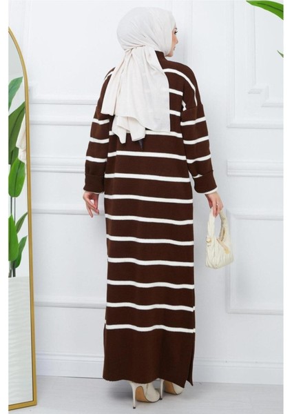 Kadın Tesettür Balıkçı Yaka Çizgili Triko Elbise Kahverengi
