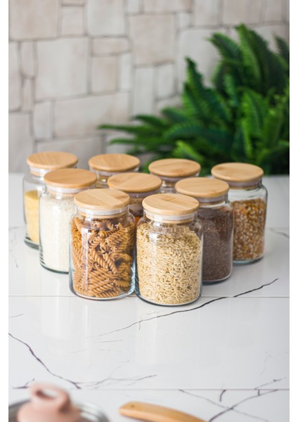 9 Lu Set Bambu Kapaklı Cam Kavanoz & Erzak Saklama Kabı 800 ml Orta Boy ( Vakum Kapak ) indirimleri