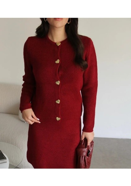 Kadın Gold Kalp Düğme Detaylı Etek Üstü Triko Hırka Tesettür - Bordo