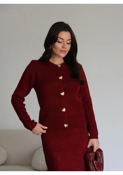 Kadın Gold Kalp Düğme Detaylı Etek Üstü Triko Hırka Tesettür - Bordo fiyatları