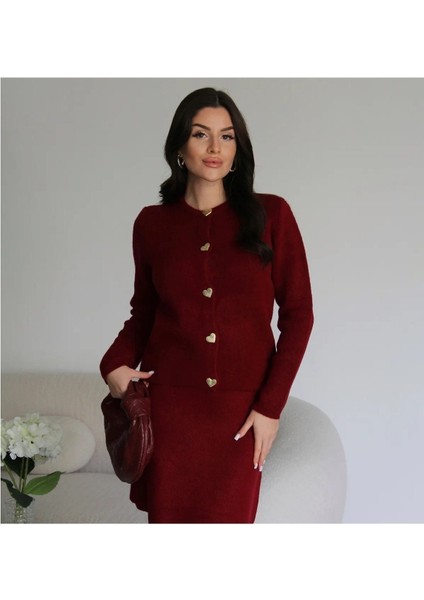 Kadın Gold Kalp Düğme Detaylı Etek Üstü Triko Hırka Tesettür - Bordo modelleri