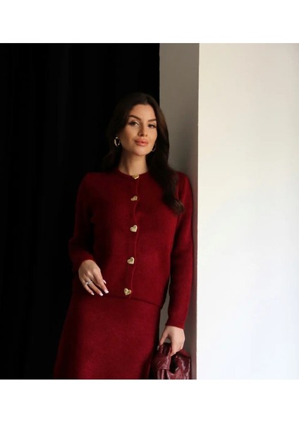 Kadın Gold Kalp Düğme Detaylı Etek Üstü Triko Hırka Tesettür - Bordo fırsatları