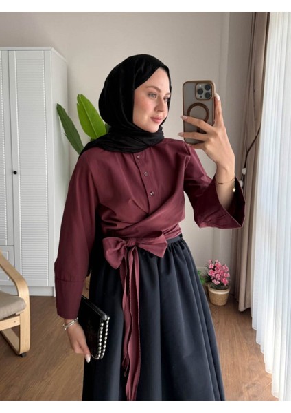 Kadın Bel Bağlamalı Kuşaklı Etek Üstü Gömlek M202 - Bordo