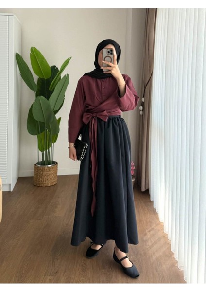 Kadın Bel Bağlamalı Kuşaklı Etek Üstü Gömlek M202 - Bordo fırsatları