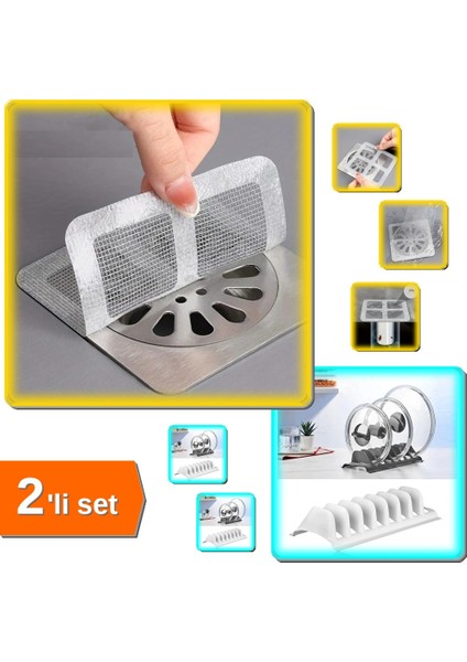 30 Adet Yapışkanlı Gider Koruyucu + 2 Adet Beyaz 8 Bölmeli Tencere Kapak Organizer - 2li Set R2B3E3