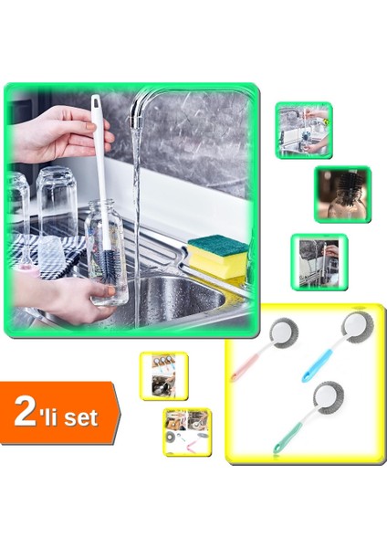 Silikon Biberon ve Şişe Fırçası + Mangal Temizleme Fırçası - Barbekü Lavabo Fırçası - 2li Set A4Y8Y0