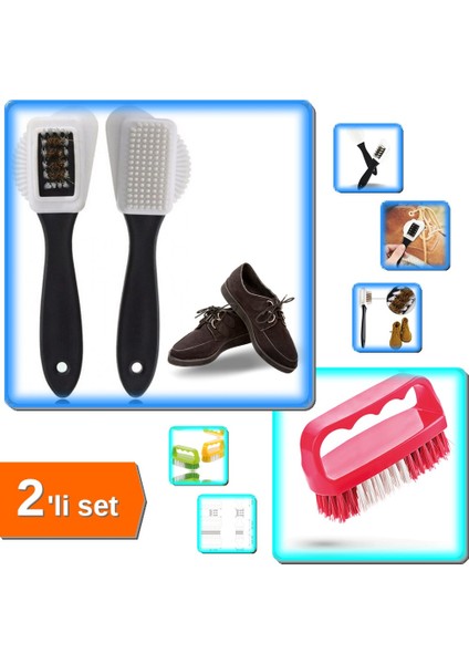 Üç Taraflı Taşınabilir Süet Bot Ayakkabı Temizleme Fırçası + Tırnak ve Yaka Fırçası - 2li Set X9A6N0