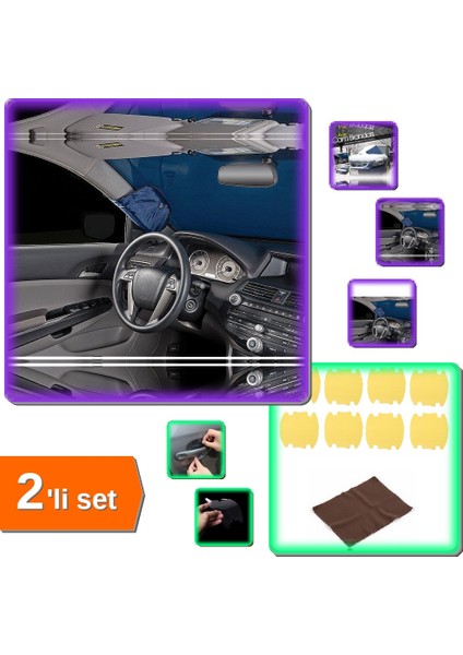 Büyük Boy Kar Buz Önleyici Araç Brandası 150X70 cm + Kapı Kolu Koruyucu ve Mendil 9 Parça - 2li Set