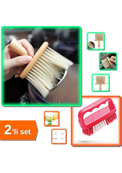 Ev Araç Için Yumuşak Kıllı Ahşap Saplı Temizlik Fırçası + Tırnak ve Yaka Fırçası - 2li Set H6Z0Y2